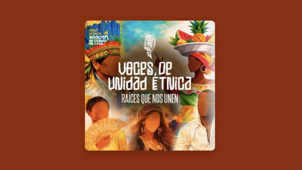 Portada de Voces de Unidad Étnica, Raíces que nos unen, con un micrófono y personas con atuendos tradicionales étnicos.